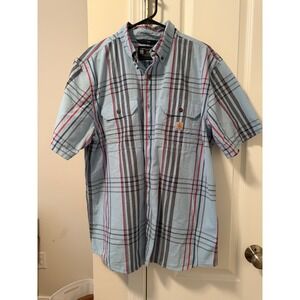 Carhartt Mens Loose Fit Short Sleeve Plaid Button Down Shirt Light Blue Large